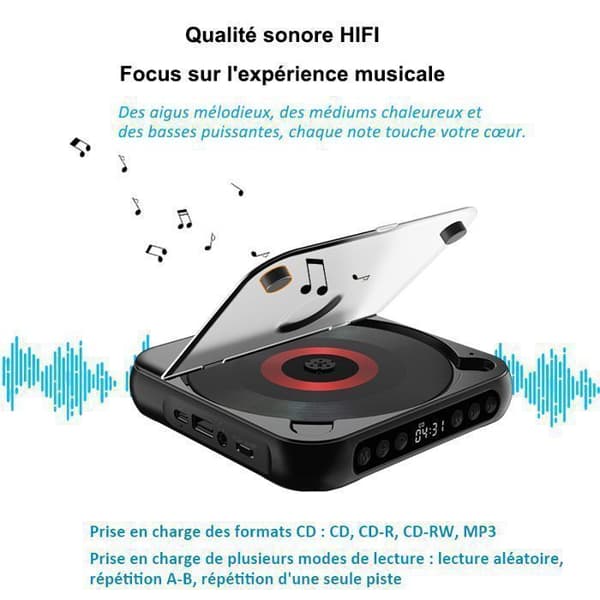 CD-afspiller - BYTELIKE - Ultra-tynd bærbar - Bluetooth 5.3 - Batteri 2000mAh - CD/MP3/USB