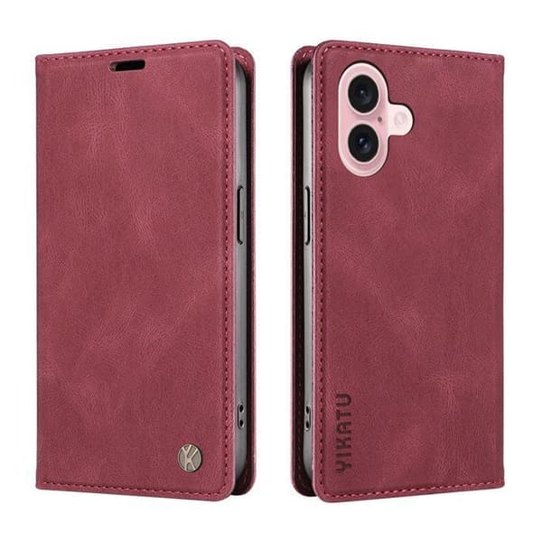 Plånboksfodral - ANNORLUNDA - iPhone 16 - PU-läder - Röd vin - Magnetstängning