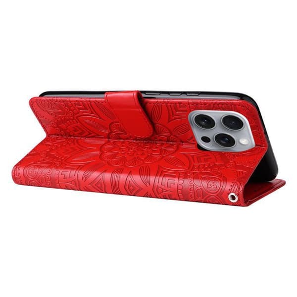 Skal - ANNORLUNDA - iPhone 16 Pro Max - Premium PU-läder - Stötsäker - Röd Solros