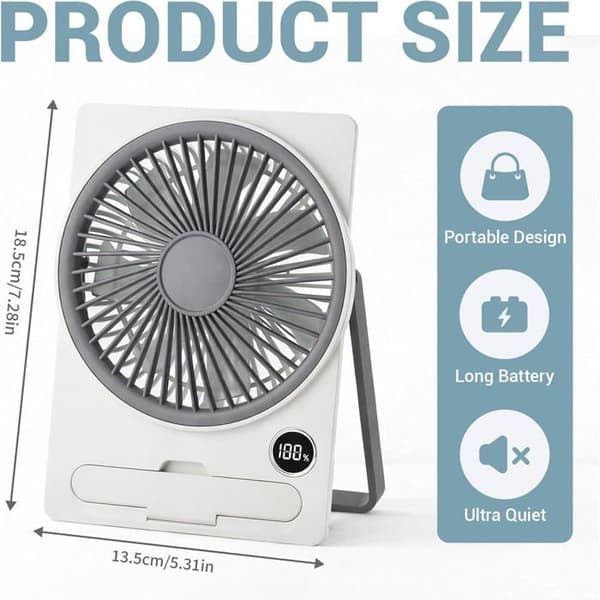 Bordventilator - Mini sammenfoldelig - USB 1800mAh - 5 hastigheder - LED-display & telefonholder