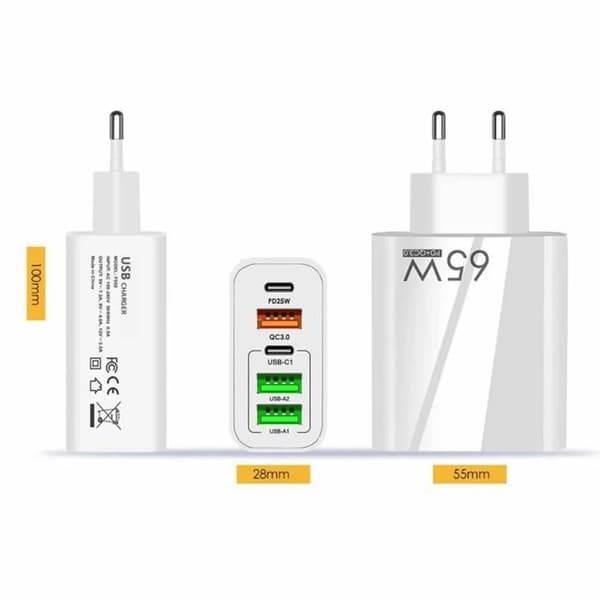 5-port oplader - ANDERLEDES - 65W - 2 USB C - 2 USB - 1 QC 3.0