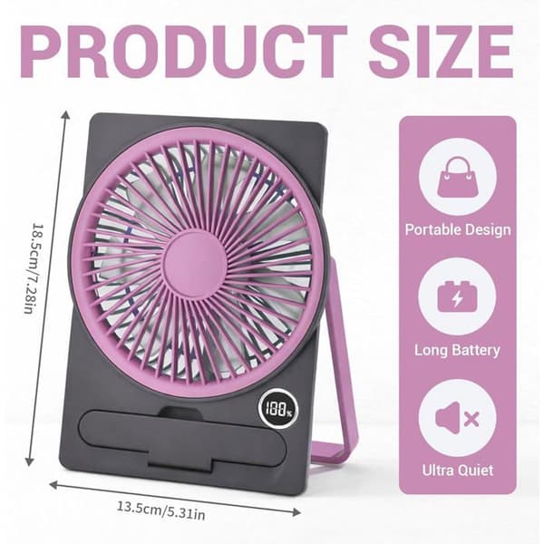 Bordventilator - Mini sammenfoldelig USB - 5 hastigheder - Batteri 1800 mAh - LED-display