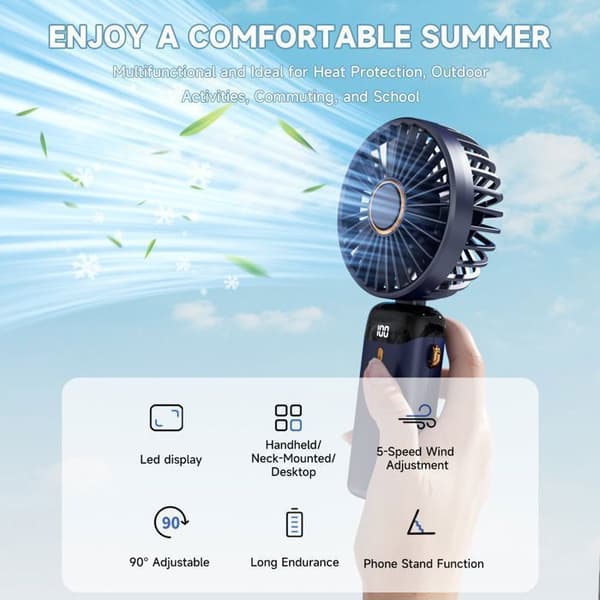 Bærbar ventilator - ANDERLEDES - 5 i 1 - 2500 mAh - 5 hastigheder - Foldbar til 90°