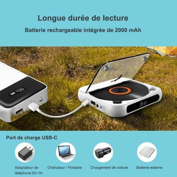 CD-afspiller - BYTELIKE - Ultra-tynd bærbar - Bluetooth 5.3 - Batteri 2000mAh - CD/MP3/USB