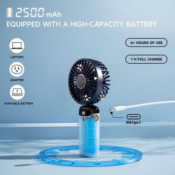 Bærbar ventilator - ANDERLEDES - 5 i 1 - 2500 mAh - 5 hastigheder - Foldbar til 90°