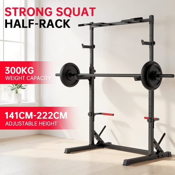 Squat Half Rack til Hjemmetræning, Pull-up Stang, J-Hooks & Safety Arms, 300 kg
