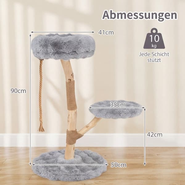 Kradsetræ med 3 plysplatforme, jutestolper, 90 cm, grå