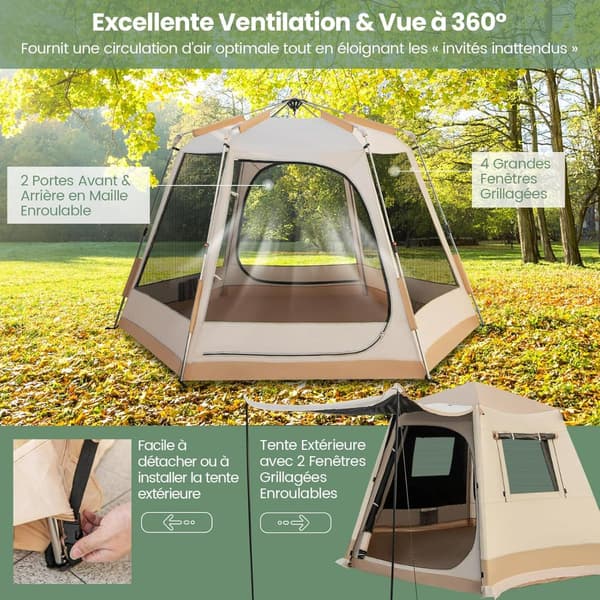 Pop-up campingtelt, 1 minuts opsætning, 4-6 personer, beige