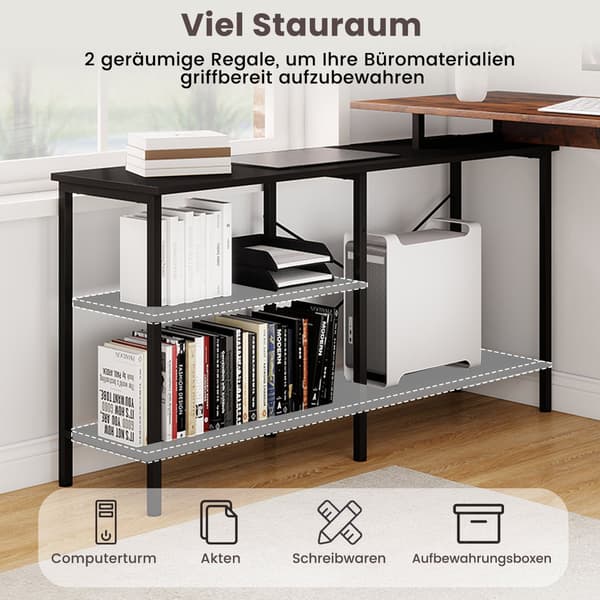 Vendbart L-formet skrivebord med hyller, rustikk brun