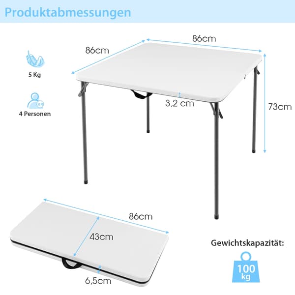 Bærbart, foldbart campingbord med håndtag, hvid, HDPE