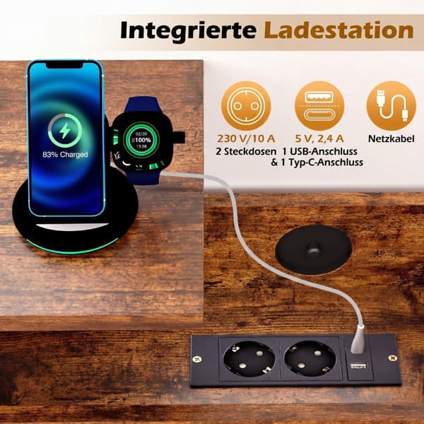 Løftbart sidebord med ladestasjon og oppbevaring