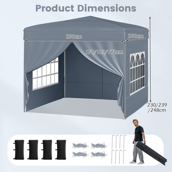 10x10 pop-up telt med 4 sidevegger, grått