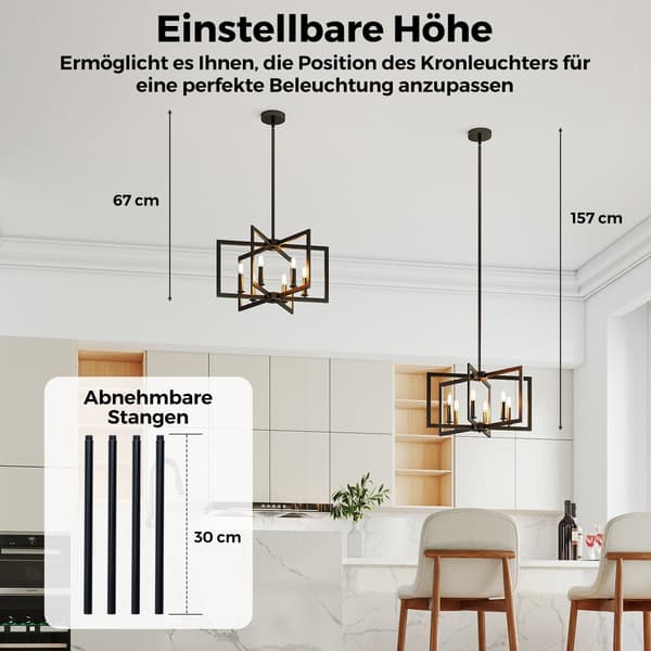 Industriel lysekrone med 6 lys, justerbar højde, sort