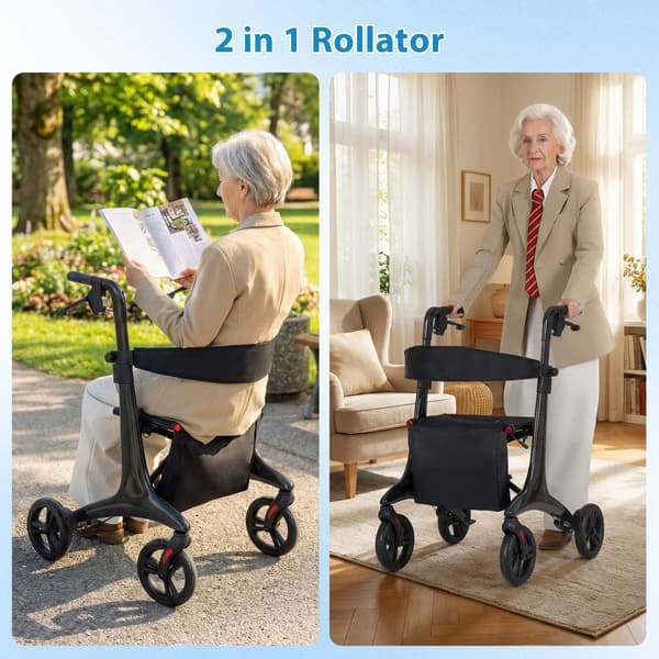 Sammenklappelig letvægtsrollator med sæde, kulfiber, sort