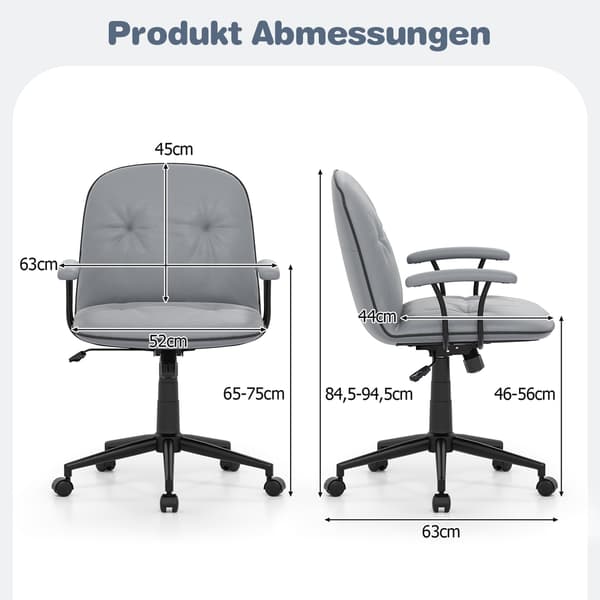 Ergonomisk kontorstol, kunstlæder, polstrede armlæn, grå