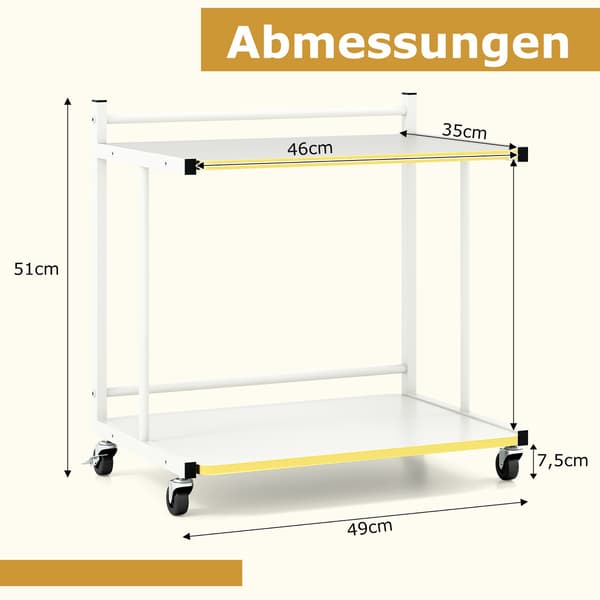 Rullende sidebord med 2 hyller, C-formet, hvit