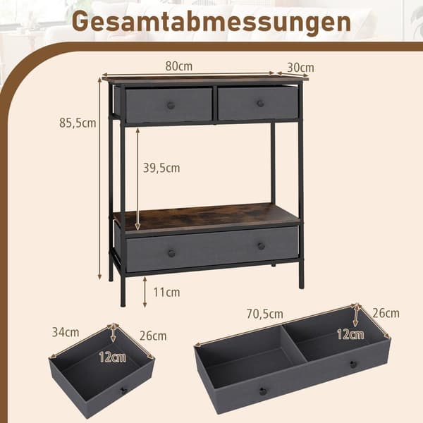 Konsollbord med skuffer, rustikk brun, metallramme
