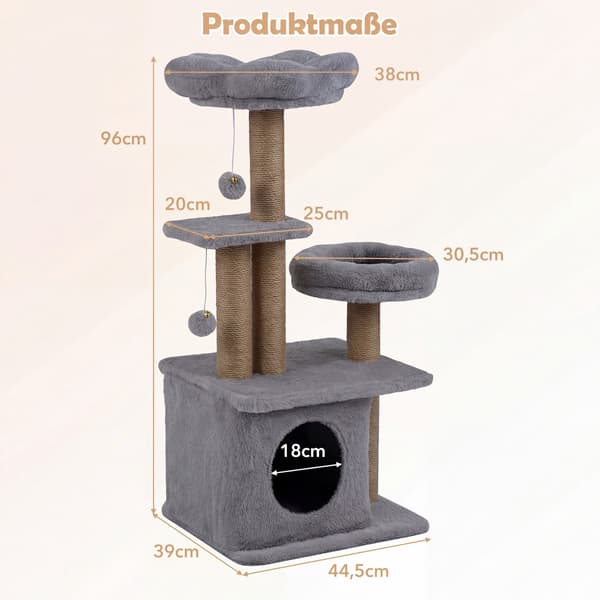 96 cm kradsetræ med platform, seng og legetøj, grå