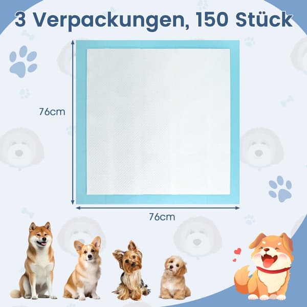 Träningsmattor för valpar, läckagesäkra, 76x76 cm, 150-pack