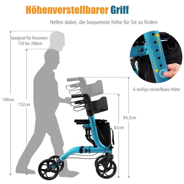 Letvægts foldbar rollator, justerbar højde, blå