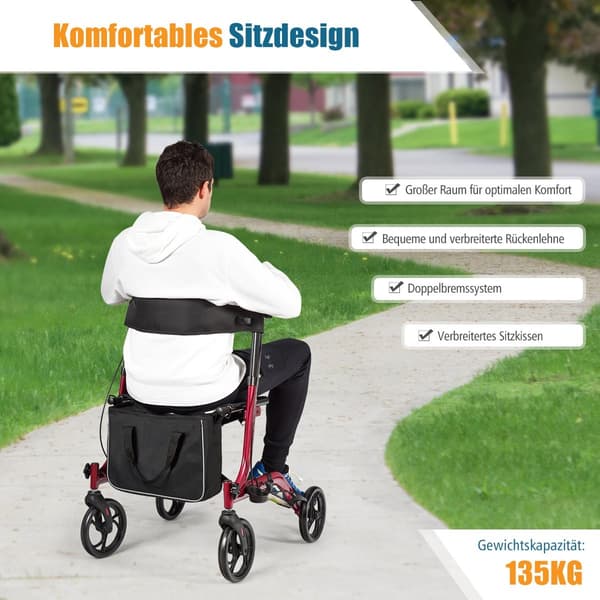 Letvægts foldbar rollator, justerbar højde, rød