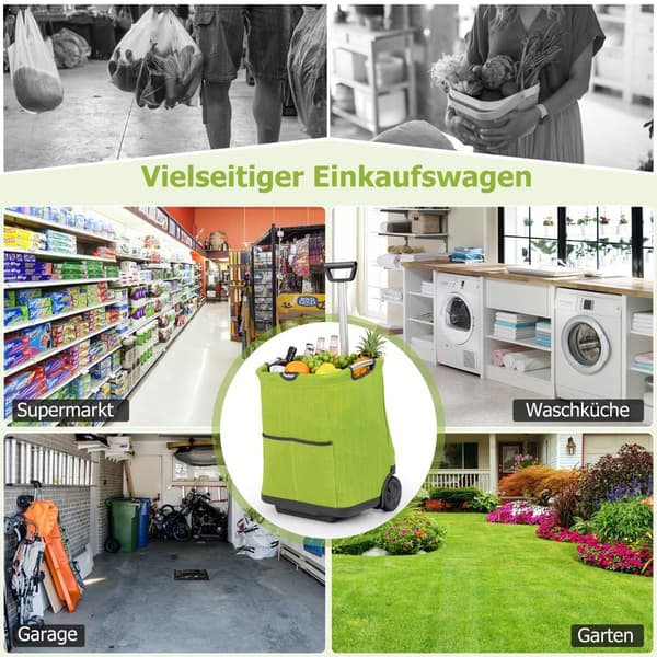 Sammenleggbar 50L handlevogn med justerbart håndtak