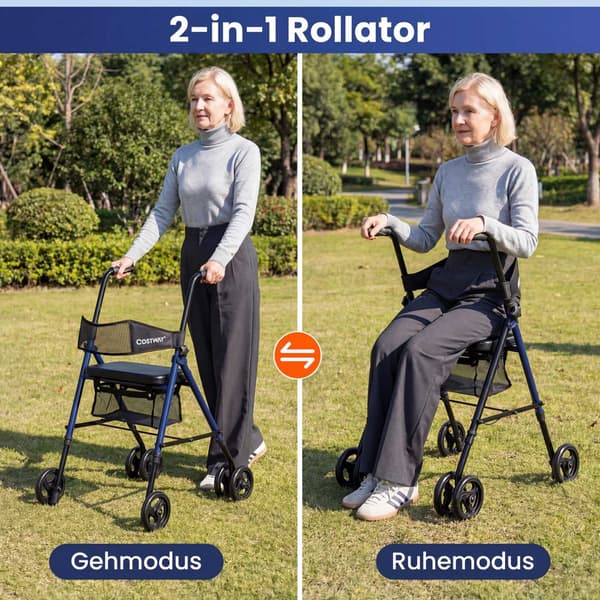 Sammenklappelig rollator med sæde, justerbar højde, blå