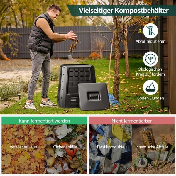 Havekompostbeholder 380L – Sort, holdbar PP med låg