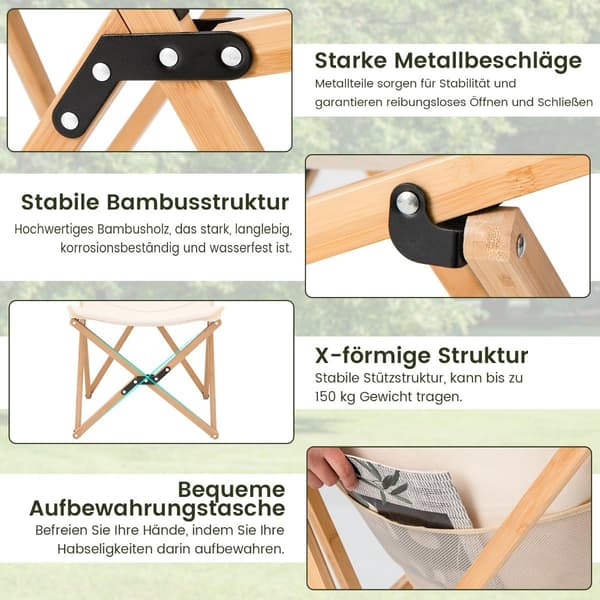Fjärilsfällstolar, set om 2, bambu, beige, 150 kg kapacitet
