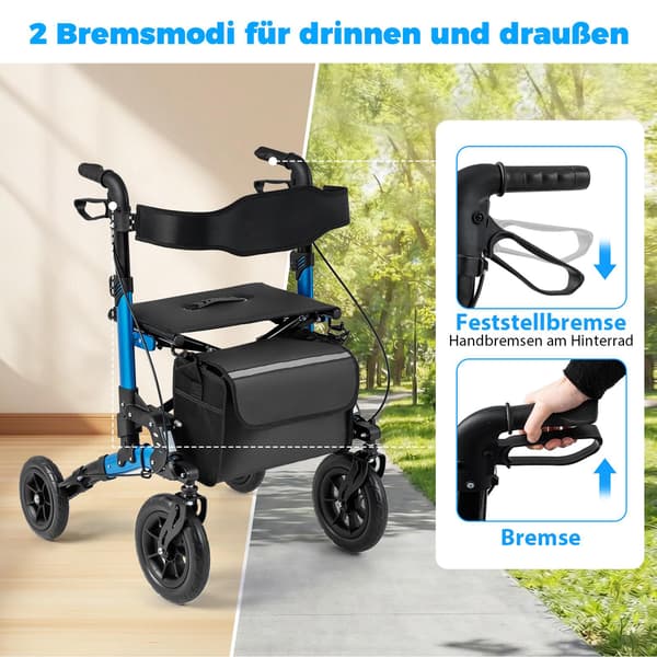 2-i-1 rullator och rullstol, hopfällbar, stöder 136 kg