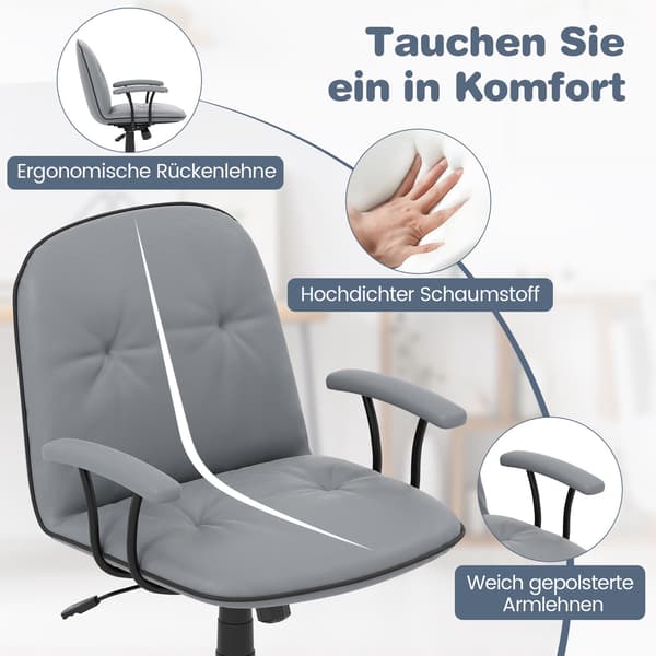 Ergonomisk kontorsstol, konstläder, vadderade armstöd, grå