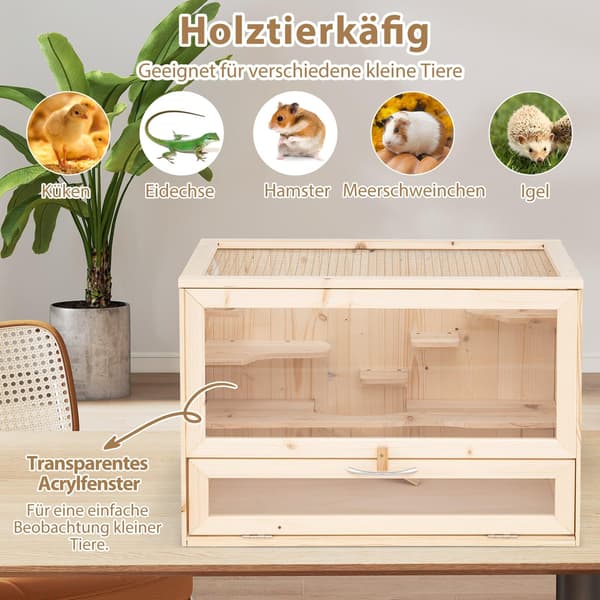 Hamsterbur i træ med netlåg og multistiger