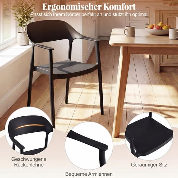 Stabelbar sort spisebordsstol, 150 kg kapacitet, plastik