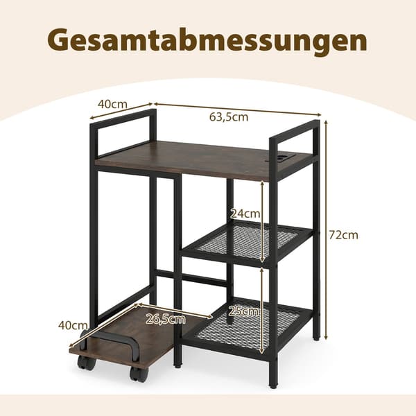3-etasjes skriverstativ med ladestasjon, rustikk brun