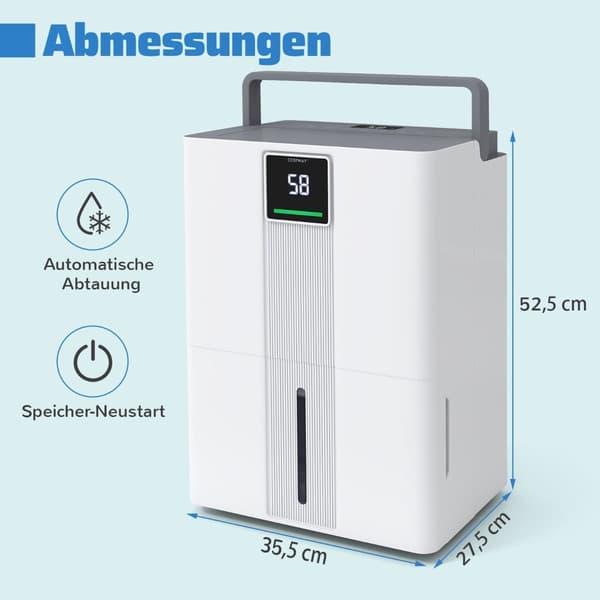 35 l/dag hjemmeavfukter, 3 moduser, stillegående, hvit