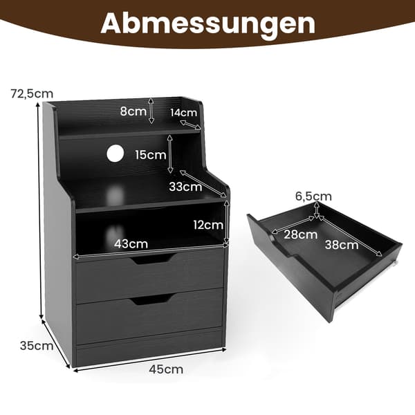 LED-natbord med ladestation, 2 skuffer, sort