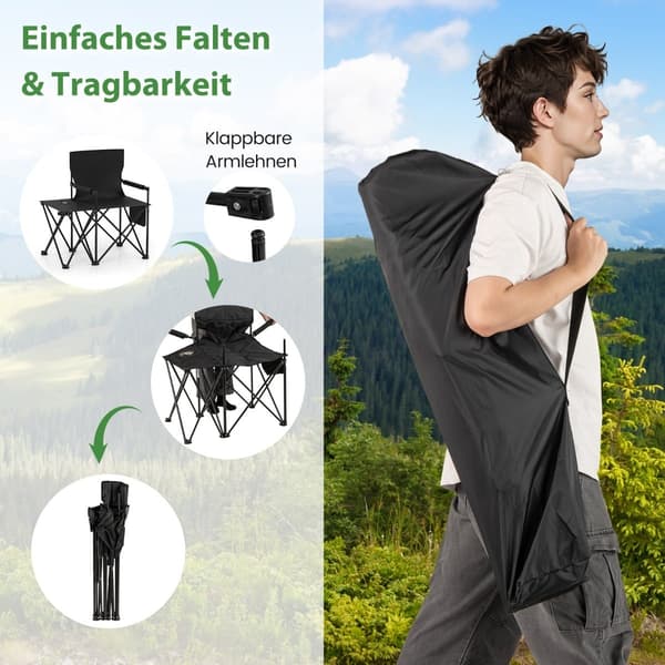 Sammenleggbare campingstoler, sett med 2, med sidebord og koppholder