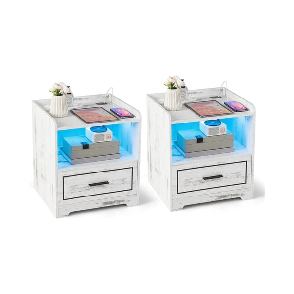 2-delt nattbordsett med LED-lys og USB-lader