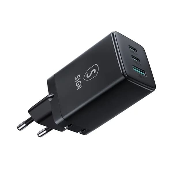 GaN Ultra 65W 2xUSB-C & 1xUSB-A hurtigoplader - sort