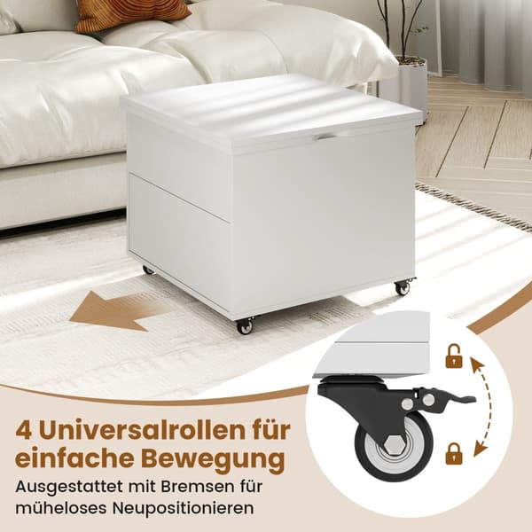 Løftbart salongbord med oppbevaring, hvitt, mobilt