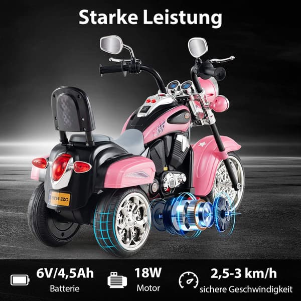 6V Børne Elmotorcykel, Lyserød, Justerbar Lys & Lyd