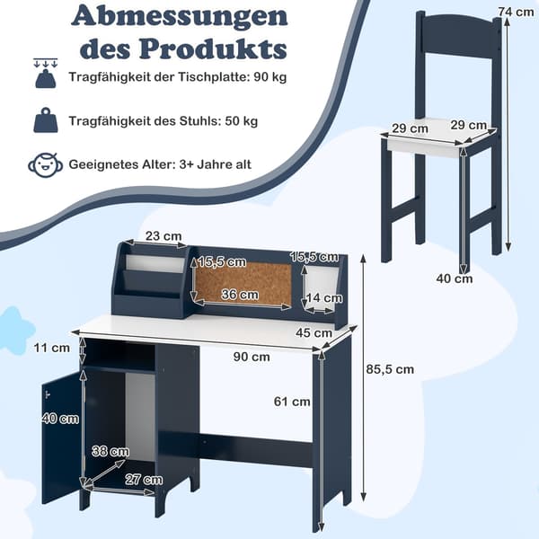 Barneskrivebord og stolsett med oppbevaring, blå