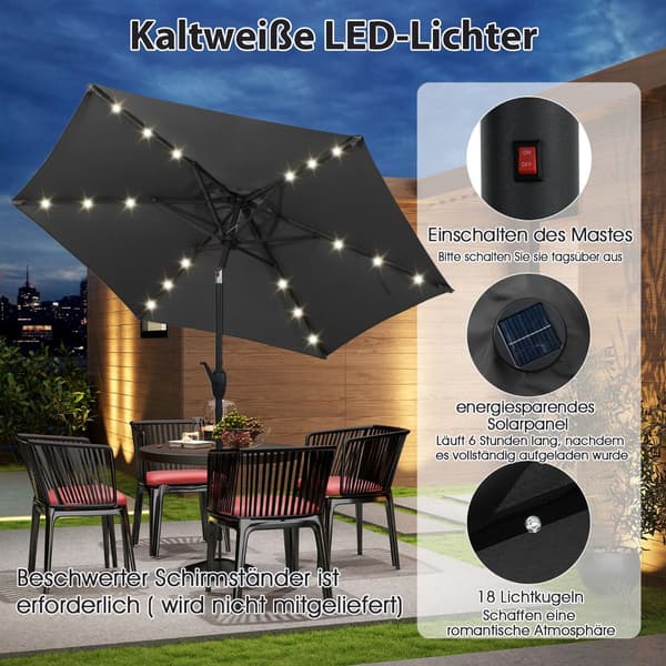 230 cm terrasseparasoll med LED-solcellelys og sveiv