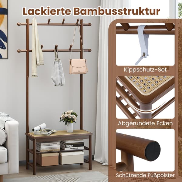 Kapphängare med skobänk, bambu, 2 stänger, 13 krokar