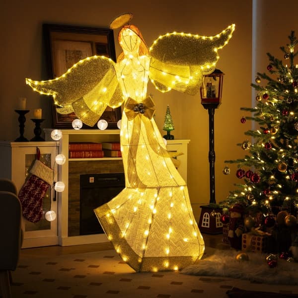 Oplyst 160 cm juleengel med glorie og LED-lys