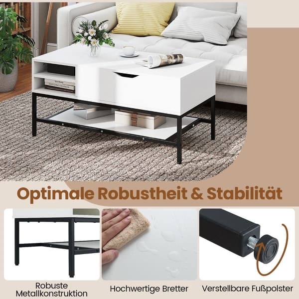 Lyftbart soffbord med dold förvaring, vitt trä