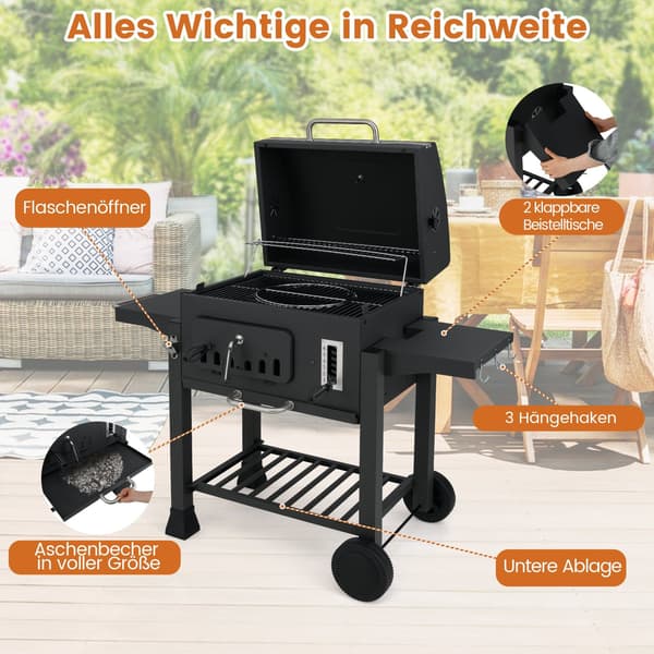 Kullgrill med sammenleggbare sidebord, justerbar høyde