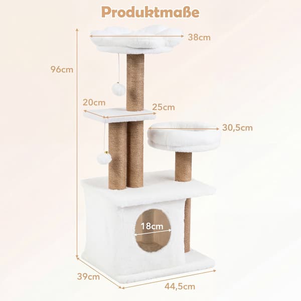 Kradsetræ med hus, platform, seng og bolde, 96 cm beige