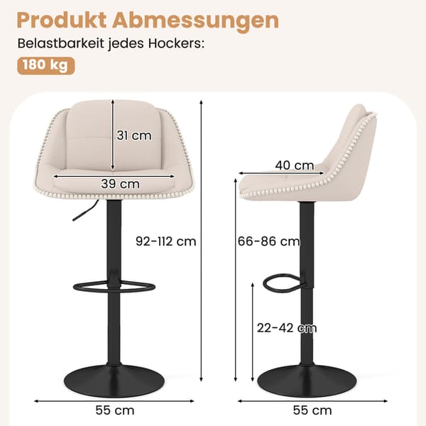 Justerbara vridbara barstolar, set om 2, beige