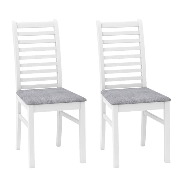 Set med 2 matstolar i konstläder, ben i gummiträ, vit/grå
